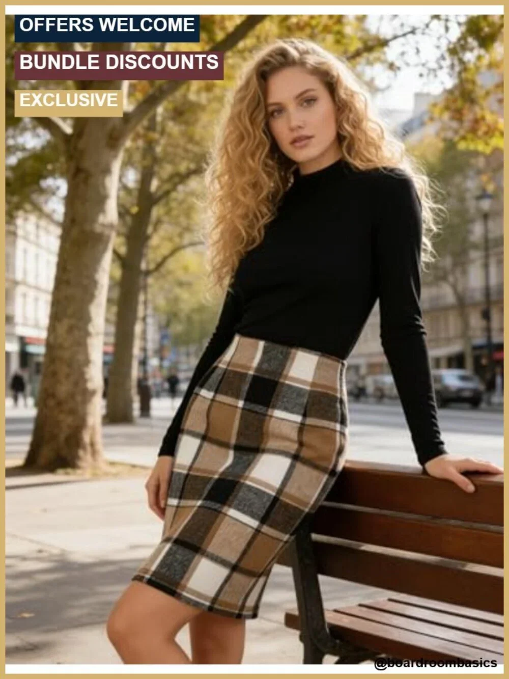 Wool Blend Plaid Midi Pencil Skirt High Waisted Back Slit